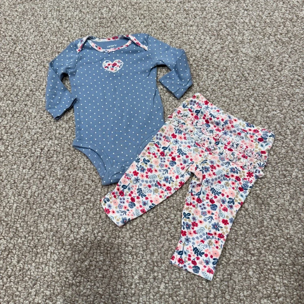 Carters Baby Girls Long Sleeve Bodysuit Floral Ruffle Pants Outfit Size 6 Months